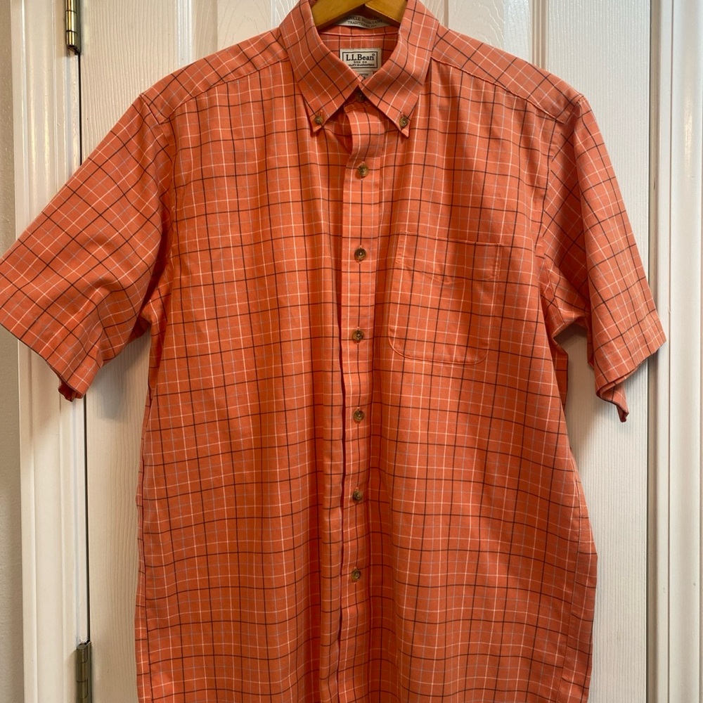 L.L. Bean Men's Medium Orange Plaid Traditional Fit Button Up Shirt 269339